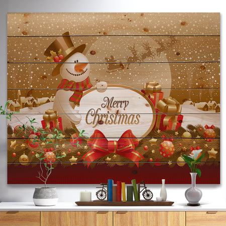 Christmas Sowman on Gold with Flying Reindeer - Print on Natural Pine Wood