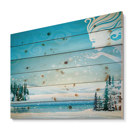 Christmas Fairy Blowing Snow Flakes on Winter Scene - Print on Natural Pine Wood