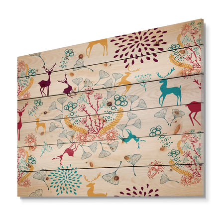 Yellow Blue Brown Reindeer christmas pattern - Print on Natural Pine Wood
