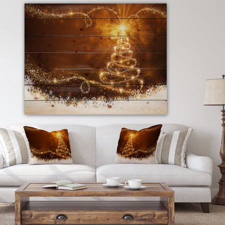 Golden Christal Tree Star on White Snow Flakes - Print on Natural Pine Wood