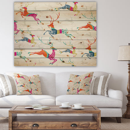Patterned frolicking Christmas Reindeers - Print on Natural Pine Wood