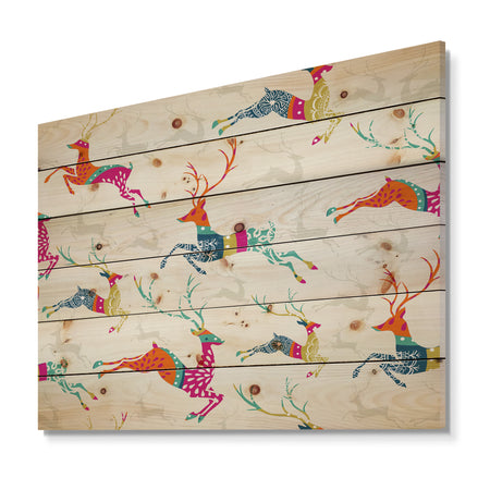 Patterned frolicking Christmas Reindeers - Print on Natural Pine Wood