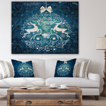 Blue Merry Christmas Reindeer Snow Crystal Pattern - Print on Natural Pine Wood