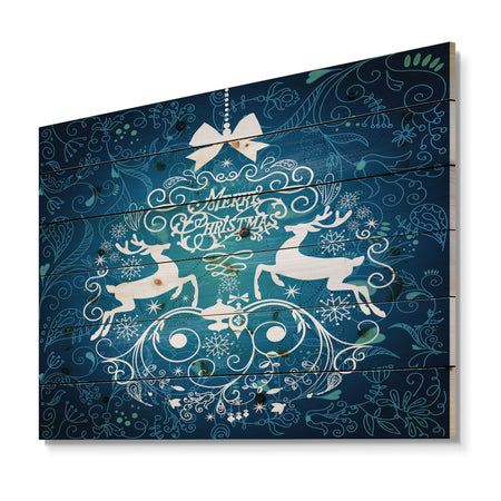 Blue Merry Christmas Reindeer Snow Crystal Pattern - Print on Natural Pine Wood