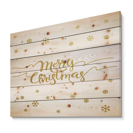 Merry Christmas Handwritten Wish on white and gold - Print on Natural Pine Wood