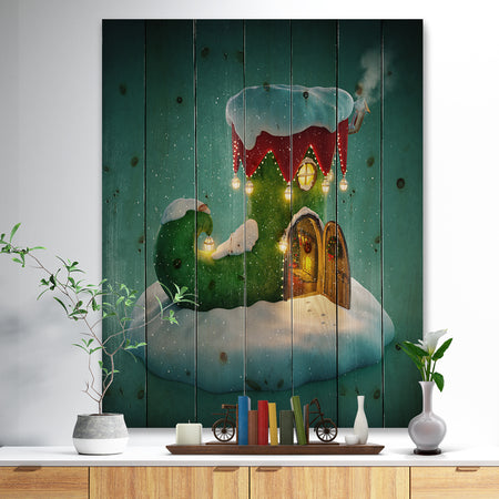Elf Shoe House on Snow Christmas Island - Print on Natural Pine Wood