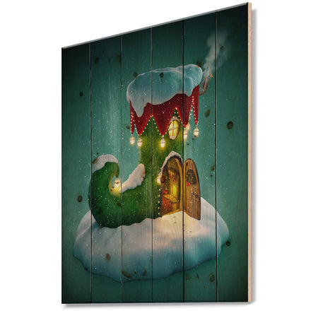 Elf Shoe House on Snow Christmas Island - Print on Natural Pine Wood