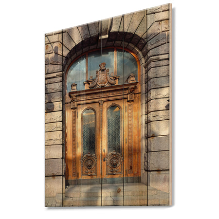 Antique Door with Lion Shaped Knockers in Helsinki, Finland - Vintage Print on Natural Pine Wood