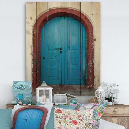 Old Traditional Door in Oia Santorini Greece - Vintage Print on Natural Pine Wood