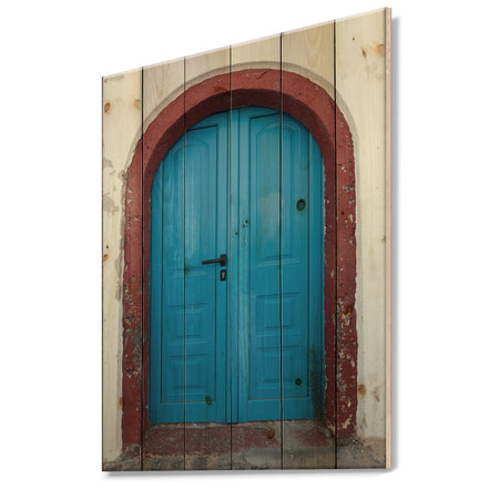 Old Traditional Door in Oia Santorini Greece - Vintage Print on Natural Pine Wood
