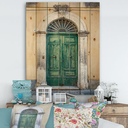 Green Door in Sicily - Vintage Print on Natural Pine Wood