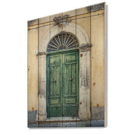 Green Door in Sicily - Vintage Print on Natural Pine Wood