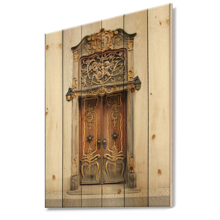 Old Door With Gold Ornaments - Vintage Print on Natural Pine Wood