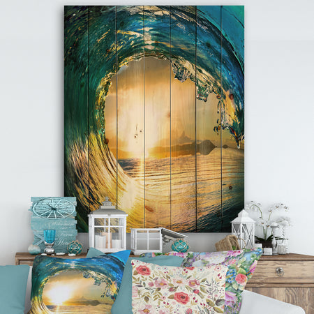 Colored Ocean Waves Falling Down II - Modern Seashore Print on Natural Pine Wood