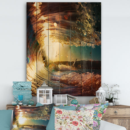 Colored Ocean Waves Falling Down III - Modern Seashore Print on Natural Pine Wood