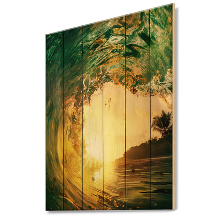 Colored Ocean Waves Falling Down IV - Modern Seashore Print on Natural Pine Wood