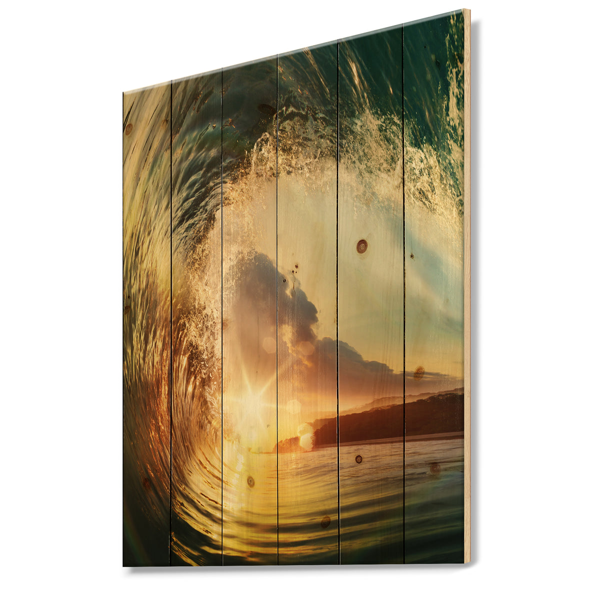 Colored Ocean Waves Falling Down V - Modern Seashore Print on Natural Pine  Wood