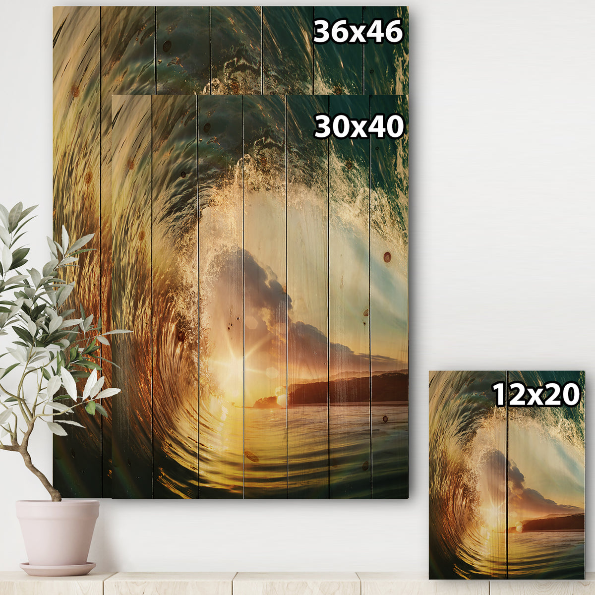 Colored Ocean Waves Falling Down V - Modern Seashore Print on Natural Pine  Wood