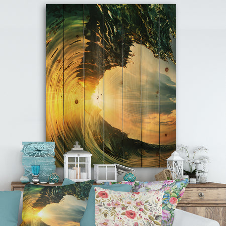 Colored Ocean Waves Falling Down VII - Modern Seashore Print on Natural Pine Wood