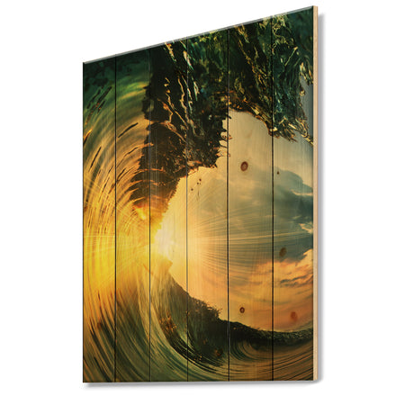 Colored Ocean Waves Falling Down VII - Modern Seashore Print on Natural Pine Wood