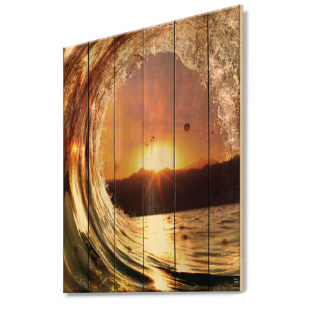 Colored Ocean Waves Falling Down VIII - Modern Seashore Print on Natural Pine Wood