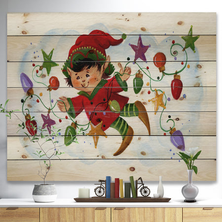 Cute Elf With Christmas Lights - Print on Natural Pine Wood