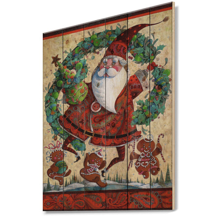 Frolic Santa with Gingerbread Men and Wreathe - Print on Natural Pine Wood