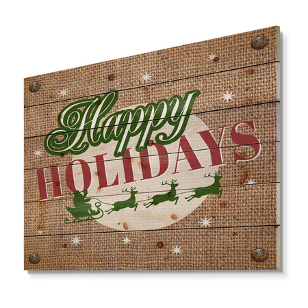 Happy Holidays Christmas Wish on Burlap - Print on Natural Pine Wood