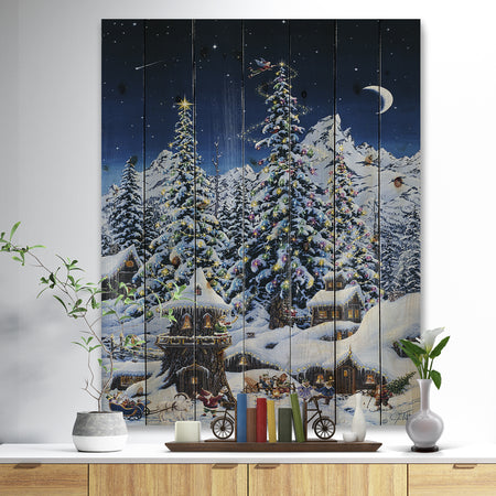 Elf houses under large lighted Christmas trees - Print on Natural Pine Wood
