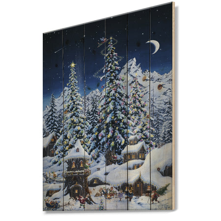 Elf houses under large lighted Christmas trees - Print on Natural Pine Wood