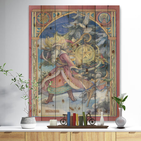 Father Christmas with Christmas Star and Reindeer - Print on Natural Pine Wood