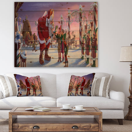 Stanta Claus with Elves on North Pole - Print on Natural Pine Wood