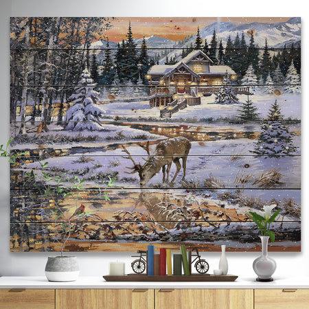 Winter Christmas Scene with Buck drinking from Golden River - Print on Natural Pine Wood