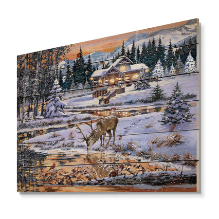 Winter Christmas Scene with Buck drinking from Golden River - Print on Natural Pine Wood