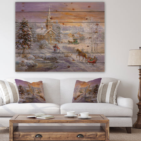 Holiday Worship winter scene with sleigh and church - Print on Natural Pine Wood