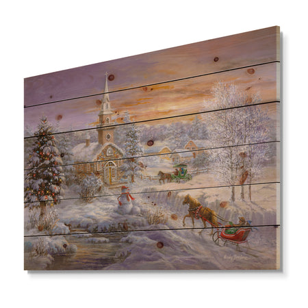 Holiday Worship winter scene with sleigh and church - Print on Natural Pine Wood