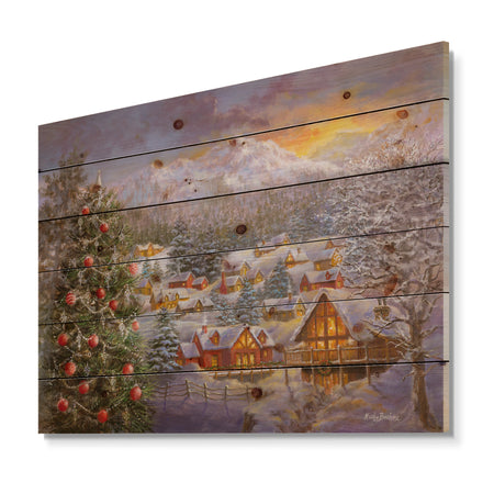 Christmas Winter Mountain Town With Christmas Tree - Print on Natural Pine Wood