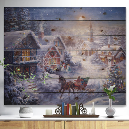 Full Moon Christmas Evening with open sleigh and church - Print on Natural Pine Wood
