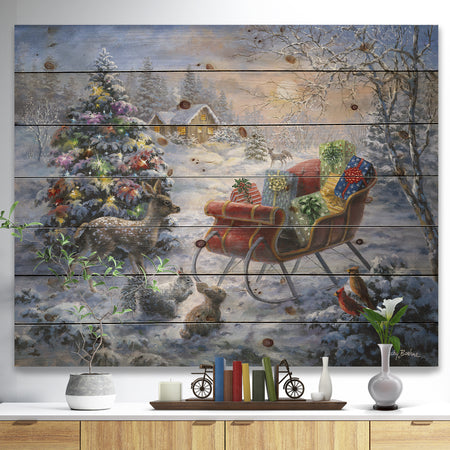 Christmas Tree Magic Winter scene with Presents in Sleigh - Print on Natural Pine Wood