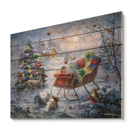 Christmas Tree Magic Winter scene with Presents in Sleigh - Print on Natural Pine Wood