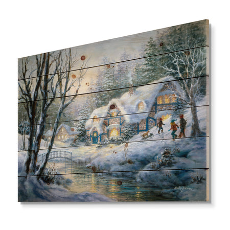 Christmas evening Winter Frolic - Print on Natural Pine Wood