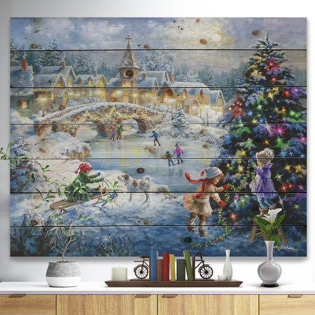 Christmas tree decorating sledding children - Print on Natural Pine Wood