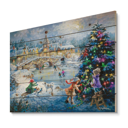 Christmas tree decorating sledding children - Print on Natural Pine Wood