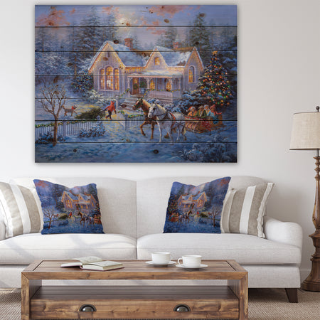 Christmas Eve Family coming home in sleigh - Print on Natural Pine Wood