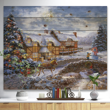 Christmas Tree with horse and open sleigh in winter landscape - Print on Natural Pine Wood