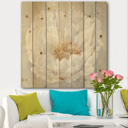White Serene Peony - Cottage Print on Natural Pine Wood