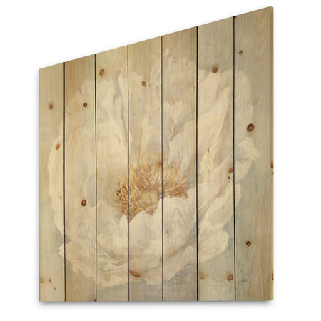 White Serene Peony - Cottage Print on Natural Pine Wood
