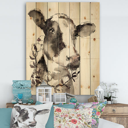 Cow Portrait Country Life - Wildlife Print on Natural Pine Wood