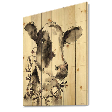 Cow Portrait Country Life - Wildlife Print on Natural Pine Wood