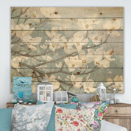 Blue on Grey Blossoms - Traditional Print on Natural Pine Wood